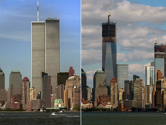 Composite photo of the site of the 9/11 attacks; the image on the left was taken in 2001 while the image on the right was shot in 2012.